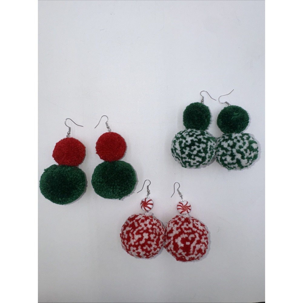 3 Pair Dangle Pierced Earrings Handmade Christmas Ball Ornament Peppermint Candy